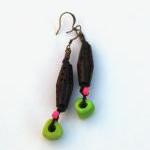 Carved Wood And Lime Green Earrings