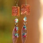 Copper Rectangle And Leaf Earrings With Red-green..