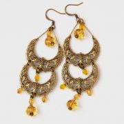 Yellow Antique Brass Filigree Beaded Earrings by Kashmira Patel