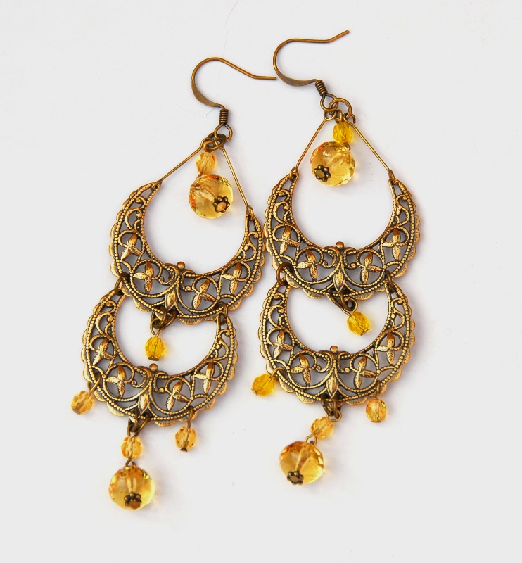 Yellow Antique Brass Filigree Beaded Earrings By Kashmira Patel