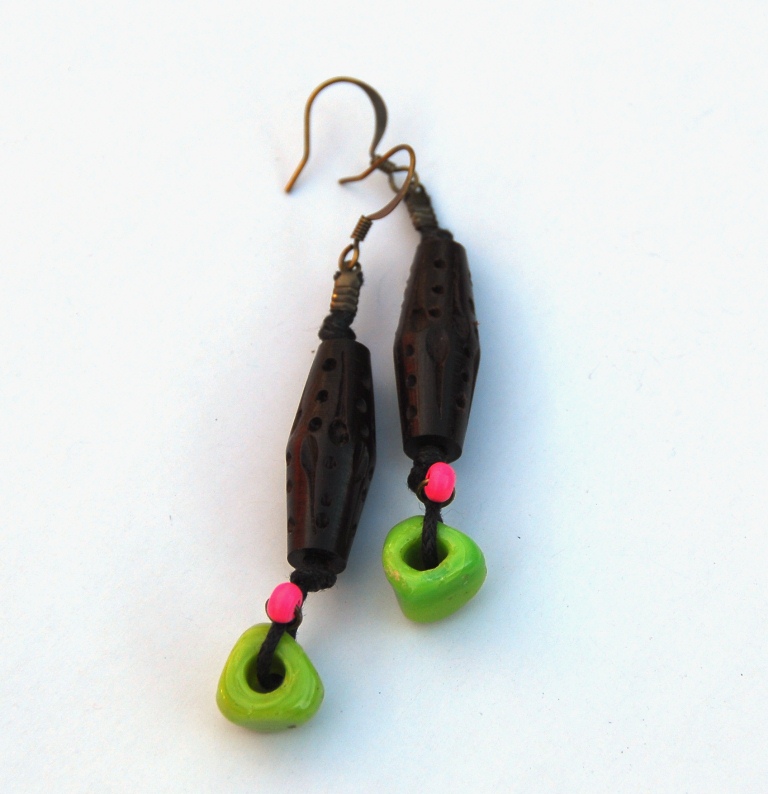 Carved Wood And Lime Green Earrings