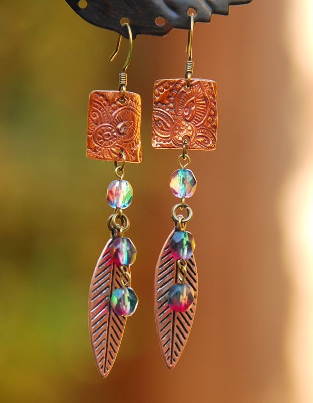 Copper Rectangle And Leaf Earrings With Red-green Beads